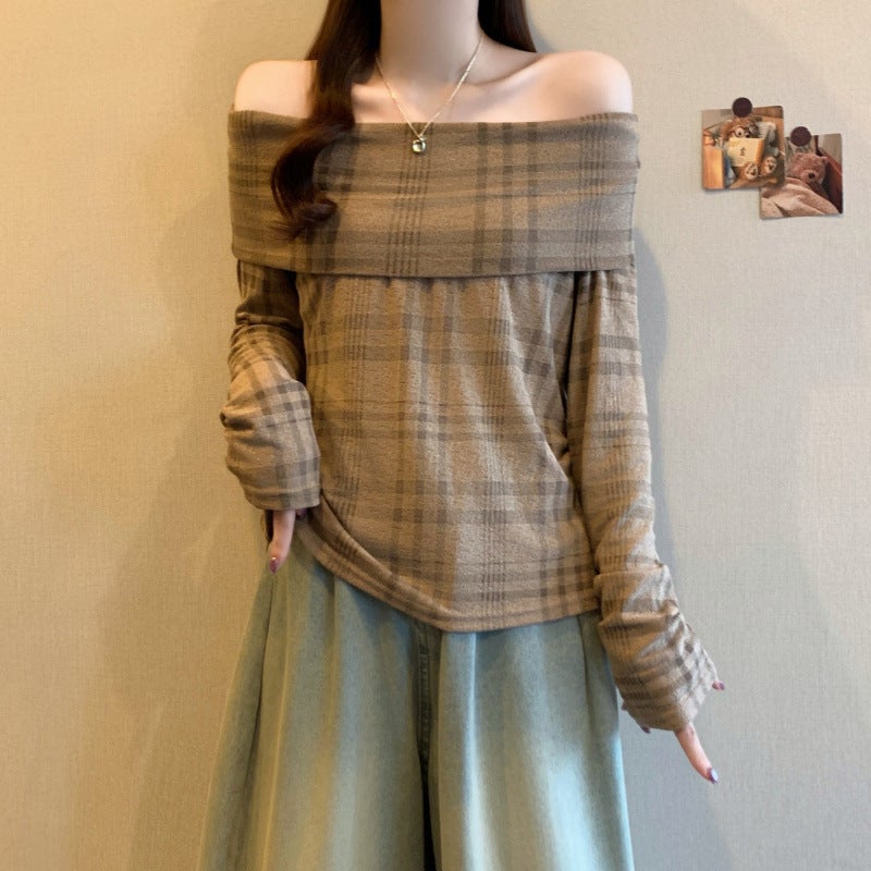 Plus-Size Early Autumn Retro Color-Blocking Off-Shoulder Plaid Slim-Fit Top For Slightly Chubby Figures - Image 1