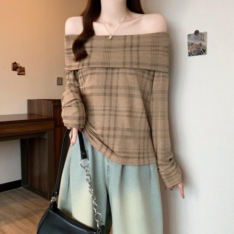 Plus-Size Early Autumn Retro Color-Blocking Off-Shoulder Plaid Slim-Fit Top For Slightly Chubby Figures - Image 3