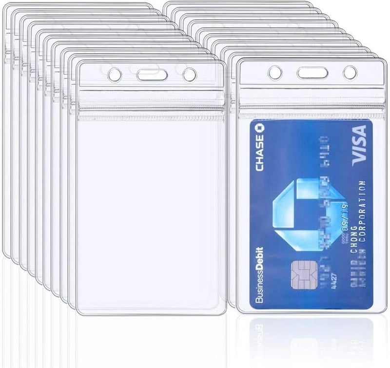 BEANPRECOY 20 Pcs Clear Card Holder, Clear Plastic Vertical Badge Holders, Name Tag Holders, PVC Dustproof Waterproof Resealable Zip ID Card Holder for Home, School, Office - Image 1
