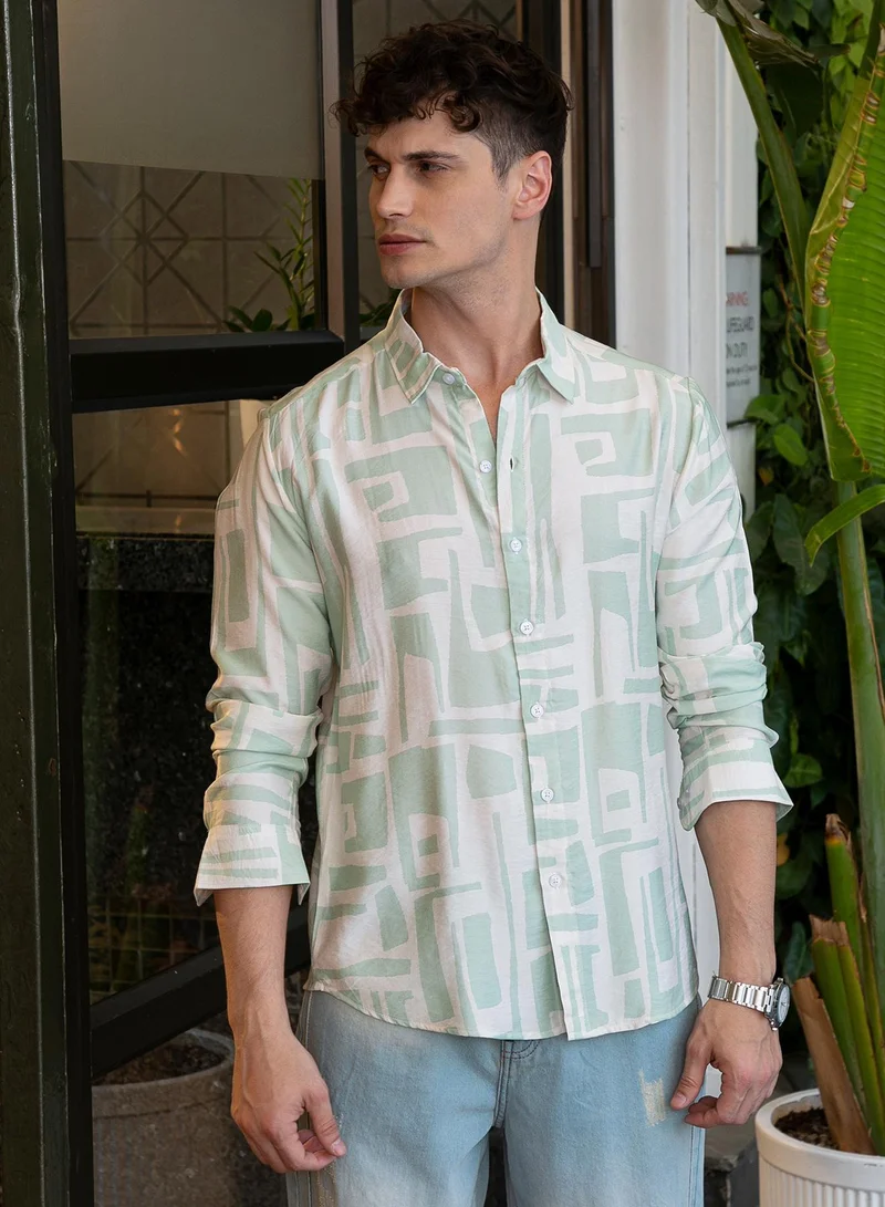 Campus Sutra Men's Mint Green & Daisy White Abstract-Deco Regular Shirt