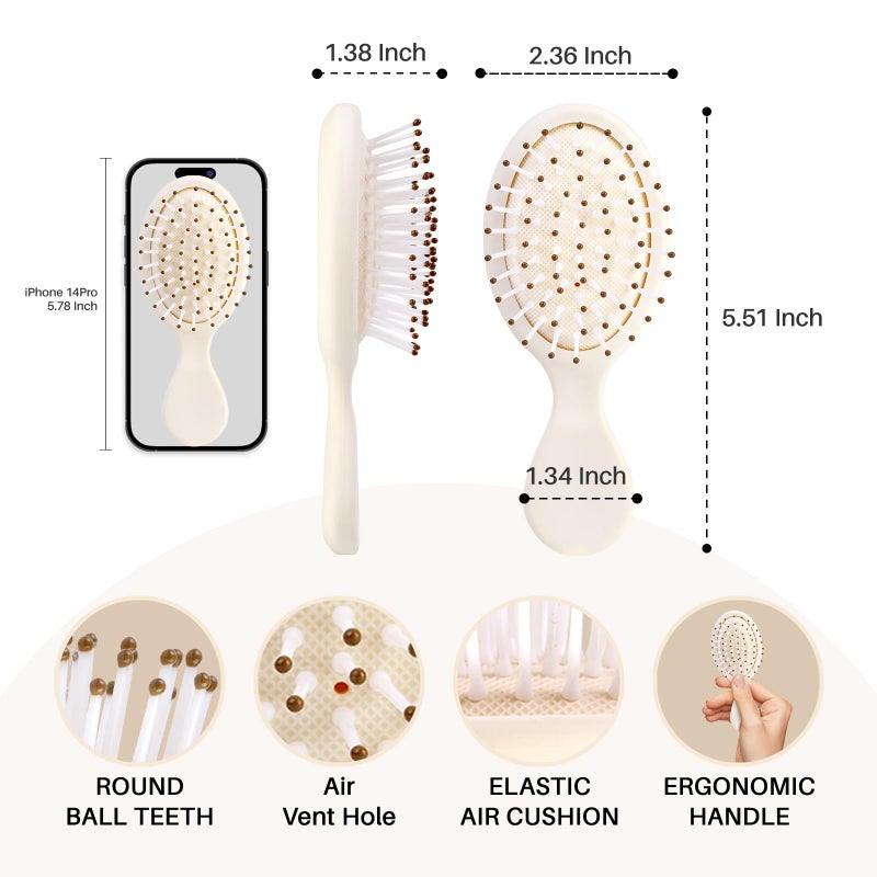 RHOS Mini Hair Brush for Women,Men and Kids-Travel Size Hair Brush for Purse,Pocket,backpack-Small Cushion Paddle Brush with Soft Bristles-Mini Detangler Brush for All Hair Types(1 Pack-Beige) - Image 2