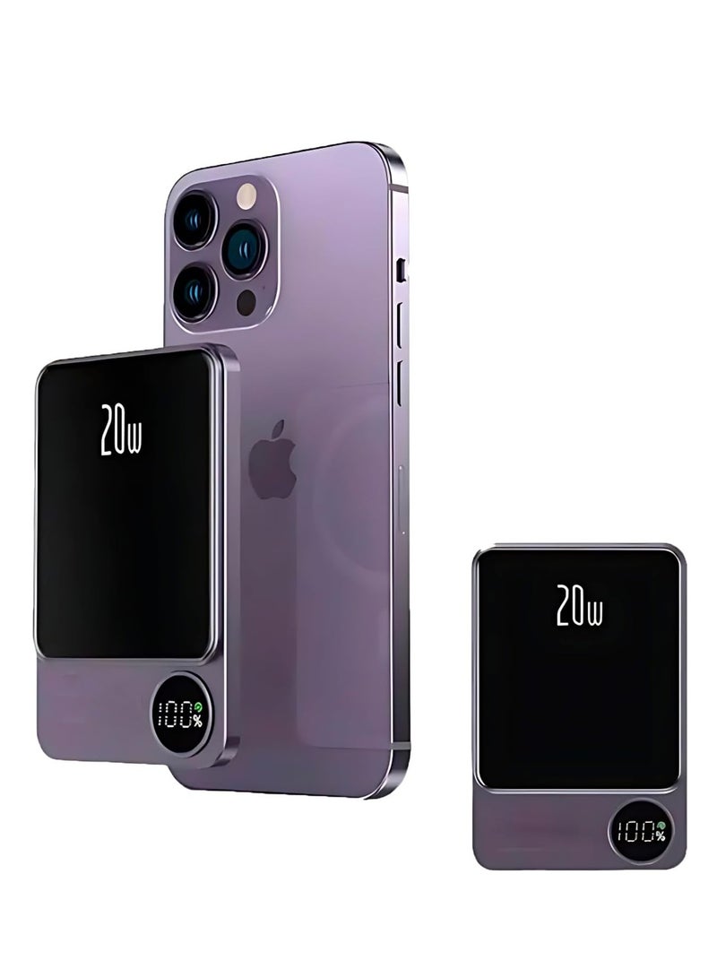 Lisen 2 in 1 Wireless Power Bank All Mobile Types Fast Charging 5000 mAh 20w With Digital Screen For MagSafe for iPhone and Andriod With Wire Battery Power bank Portable Fast Charger Pocket Size Purple - Image 1