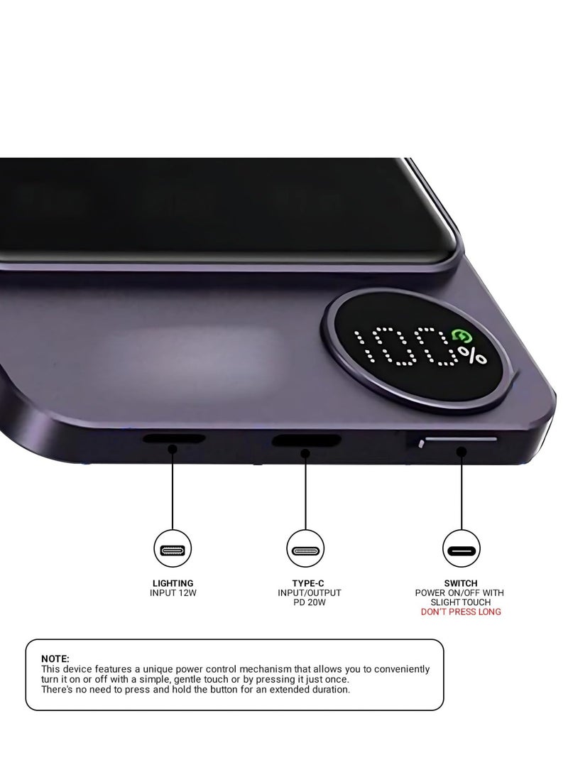 Lisen 2 in 1 Wireless Power Bank All Mobile Types Fast Charging 5000 mAh 20w With Digital Screen For MagSafe for iPhone and Andriod With Wire Battery Power bank Portable Fast Charger Pocket Size Purple - Image 3