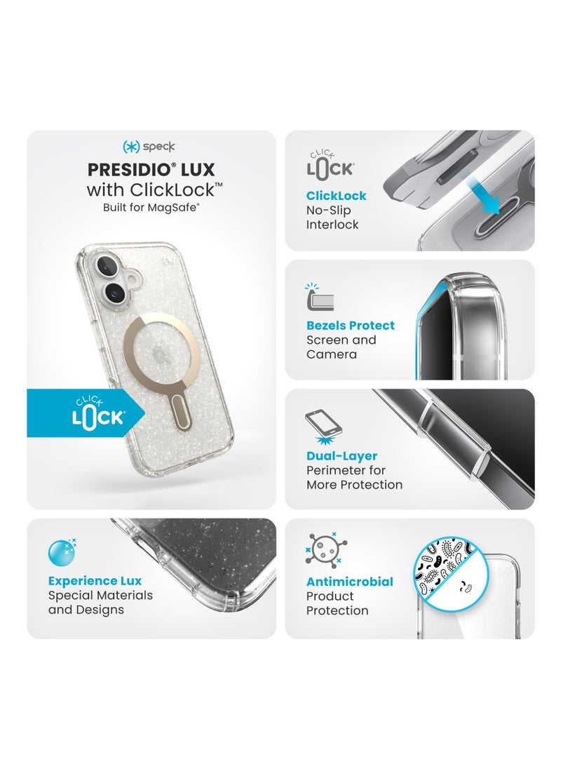 Speck - Speck iPhone 16 Presidio Lux Glitter Magsafe with ClickClock- CLEAR/CLEAR /GOLD GLITTER - Image 1
