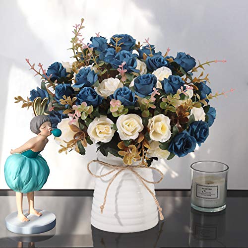 MOOMASS Lifelike Artificial Rose Bouquets and Ceramic vases, Fake Silk Roses, Suitable for Wedding, Dining Table, Office, Party and Home Decoration（Blue） - Image 1