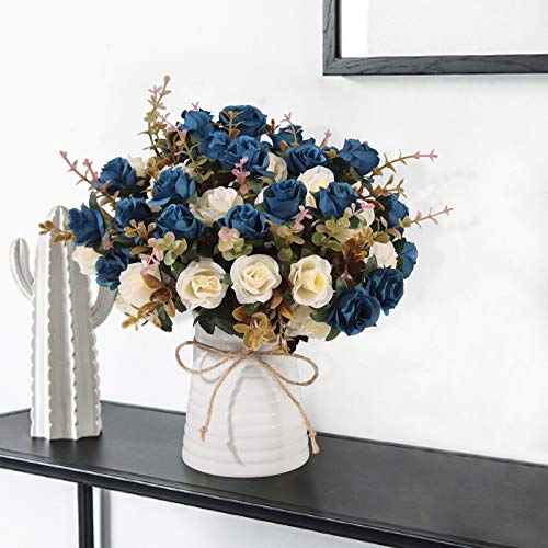 MOOMASS Lifelike Artificial Rose Bouquets and Ceramic vases, Fake Silk Roses, Suitable for Wedding, Dining Table, Office, Party and Home Decoration（Blue） - Image 5