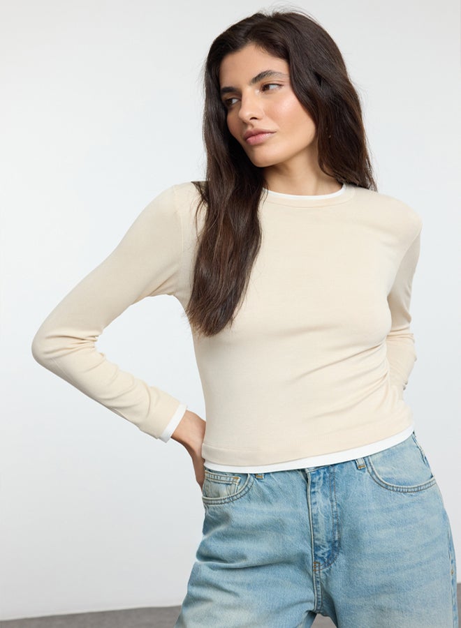 trendyol Stone Color Block Fitted/Body-Smooth Viscose/Soft Fabric Flexible Knitted Blouse TWOAW25BZ00114 - Image 1