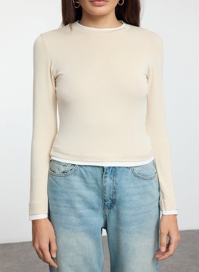 trendyol Stone Color Block Fitted/Body-Smooth Viscose/Soft Fabric Flexible Knitted Blouse TWOAW25BZ00114 - Image 3