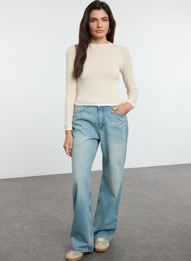 trendyol Stone Color Block Fitted/Body-Smooth Viscose/Soft Fabric Flexible Knitted Blouse TWOAW25BZ00114 - Image 2