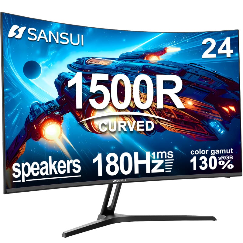 SANSUI 24 Inch Curved Gaming Monitor up to 180Hz MPRT 1ms with Built-in Speakers,FHD 1080P Computer Monitor Freesync 130% sRGB HDR,HDMI DP Ports VESA Mount Metal Stand(ES-G24C1 HDMI Cable Included) - Image 1