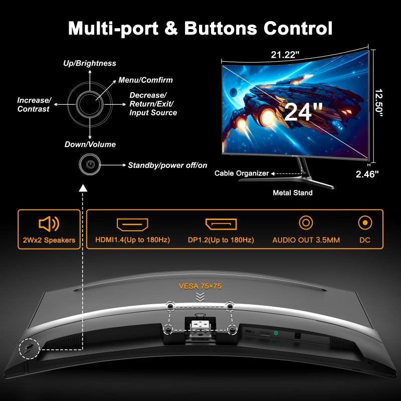 SANSUI 24 Inch Curved Gaming Monitor up to 180Hz MPRT 1ms with Built-in Speakers,FHD 1080P Computer Monitor Freesync 130% sRGB HDR,HDMI DP Ports VESA Mount Metal Stand(ES-G24C1 HDMI Cable Included) - Image 4