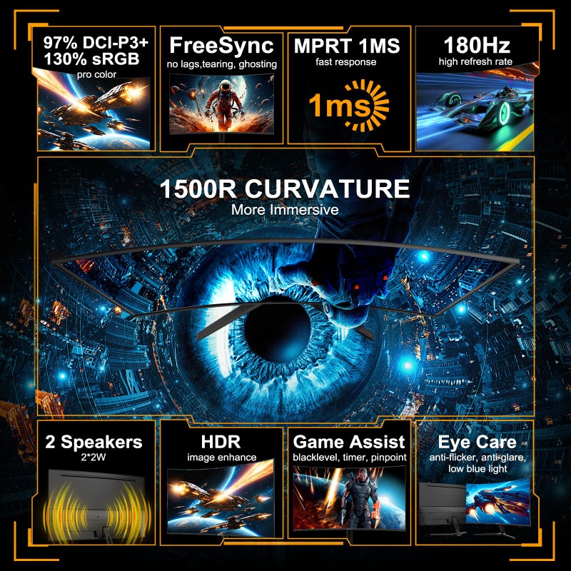 SANSUI 24 Inch Curved Gaming Monitor up to 180Hz MPRT 1ms with Built-in Speakers,FHD 1080P Computer Monitor Freesync 130% sRGB HDR,HDMI DP Ports VESA Mount Metal Stand(ES-G24C1 HDMI Cable Included) - Image 2