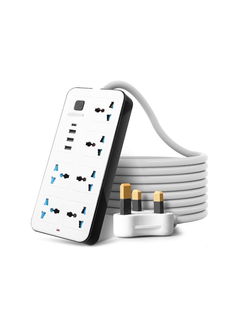 GLOBE GOODS - Universal Extension Lead with Multiple Function UK Plug 3 Pin Socket Outlet with 6 Gang 3, USB Port 1 Type-C Port,1.8M Electric Socket Mains Strip for Home Kitchen and Office(White) - Image 1