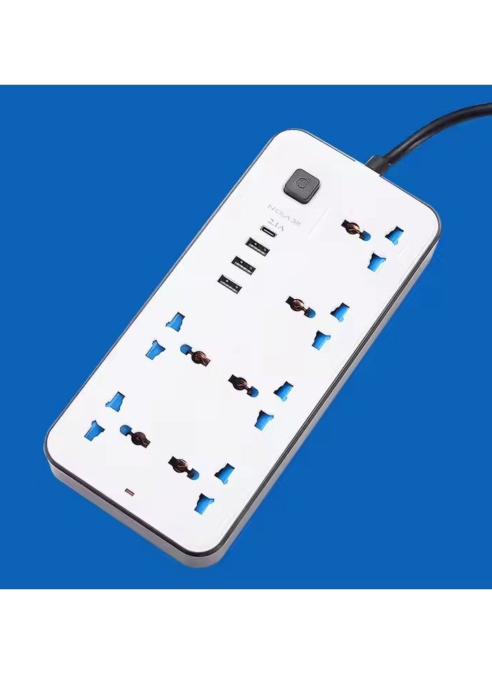 GLOBE GOODS - Universal Extension Lead with Multiple Function UK Plug 3 Pin Socket Outlet with 6 Gang 3, USB Port 1 Type-C Port,1.8M Electric Socket Mains Strip for Home Kitchen and Office(White) - Image 1