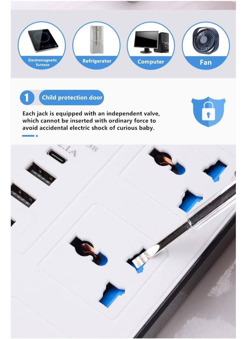 GLOBE GOODS - Universal Extension Lead with Multiple Function UK Plug 3 Pin Socket Outlet with 6 Gang 3, USB Port 1 Type-C Port,1.8M Electric Socket Mains Strip for Home Kitchen and Office(White) - Image 1