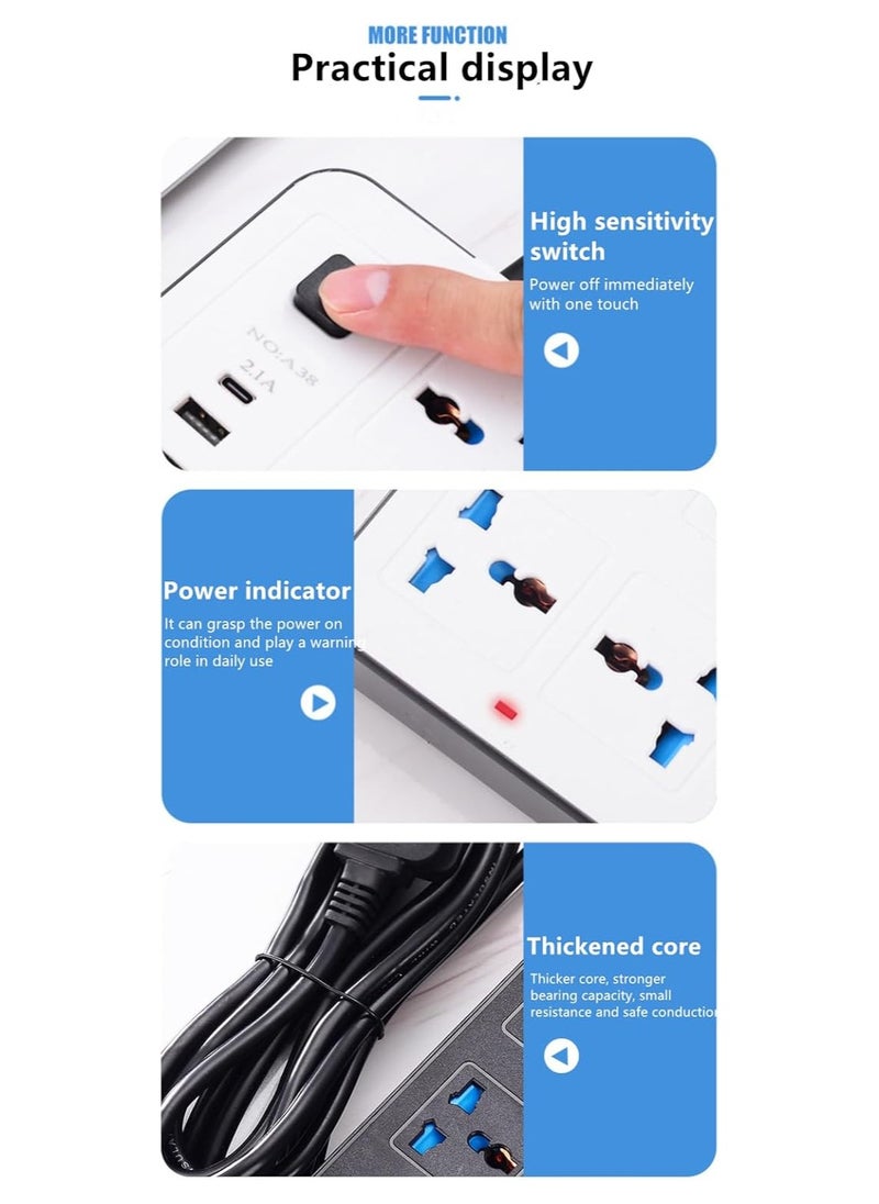 GLOBE GOODS - Universal Extension Lead with Multiple Function UK Plug 3 Pin Socket Outlet with 6 Gang 3, USB Port 1 Type-C Port,1.8M Electric Socket Mains Strip for Home Kitchen and Office(White) - Image 1
