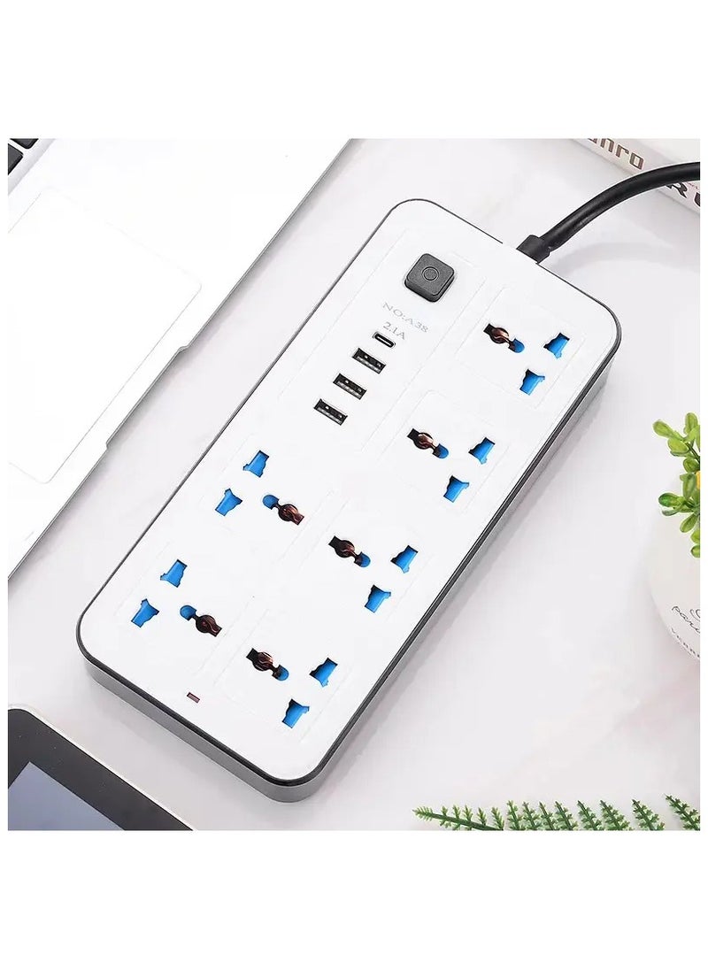 GLOBE GOODS - Universal Extension Lead with Multiple Function UK Plug 3 Pin Socket Outlet with 6 Gang 3, USB Port 1 Type-C Port,1.8M Electric Socket Mains Strip for Home Kitchen and Office(White) - Image 1