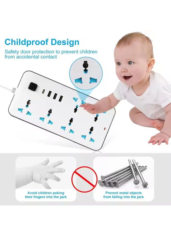 GLOBE GOODS - Universal Extension Lead with Multiple Function UK Plug 3 Pin Socket Outlet with 6 Gang 3, USB Port 1 Type-C Port,1.8M Electric Socket Mains Strip for Home Kitchen and Office(White) - Image 1