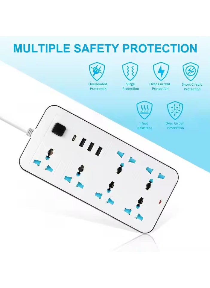 GLOBE GOODS - Universal Extension Lead with Multiple Function UK Plug 3 Pin Socket Outlet with 6 Gang 3, USB Port 1 Type-C Port,1.8M Electric Socket Mains Strip for Home Kitchen and Office(White) - Image 1