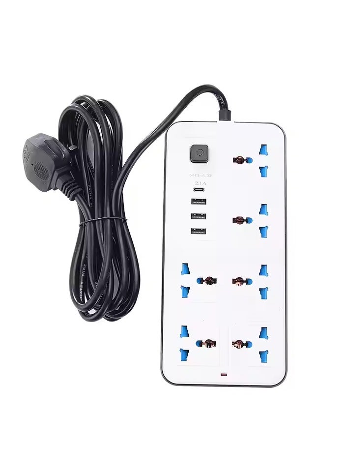GLOBE GOODS - Universal Extension Lead with Multiple Function UK Plug 3 Pin Socket Outlet with 6 Gang 3, USB Port 1 Type-C Port,1.8M Electric Socket Mains Strip for Home Kitchen and Office(White) - Image 1