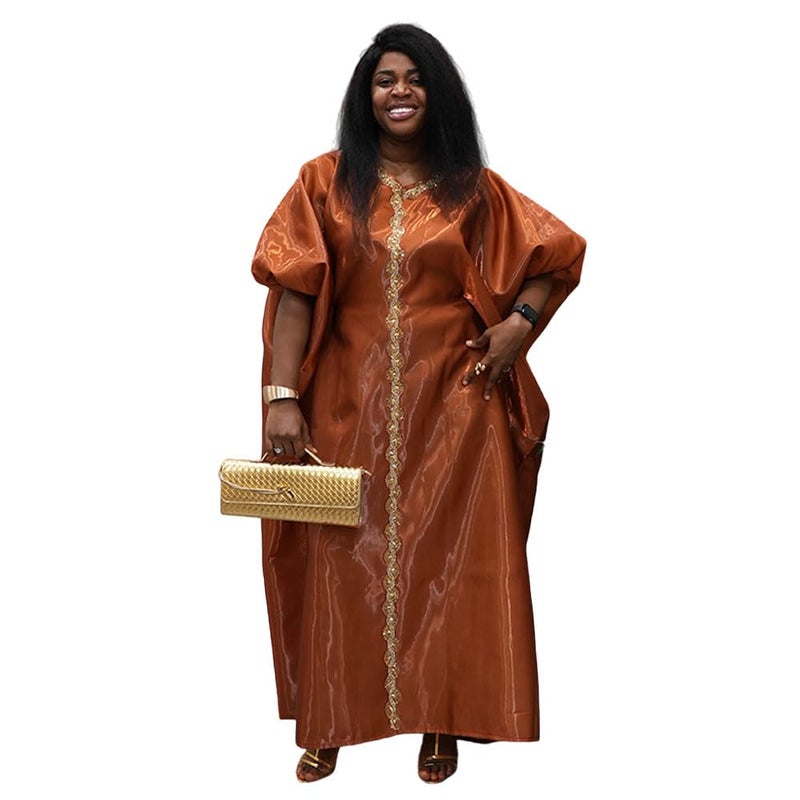 HD African Boubou Dress for Woman Fashion Bead Mousse Brown Gown One Size - Image 1
