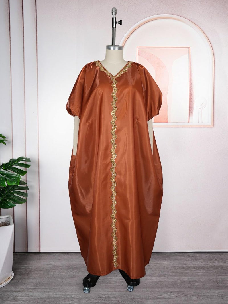 HD African Boubou Dress for Woman Fashion Bead Mousse Brown Gown One Size - Image 3