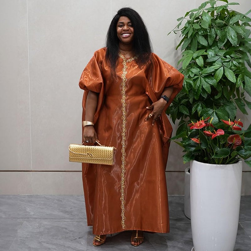 HD African Boubou Dress for Woman Fashion Bead Mousse Brown Gown One Size - Image 5
