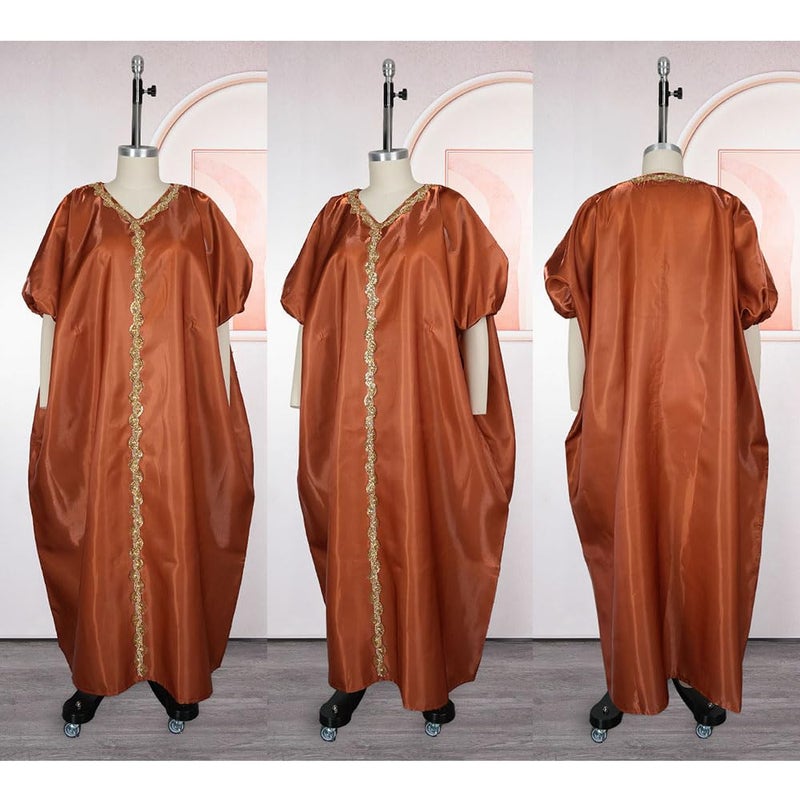 HD African Boubou Dress for Woman Fashion Bead Mousse Brown Gown One Size - Image 4