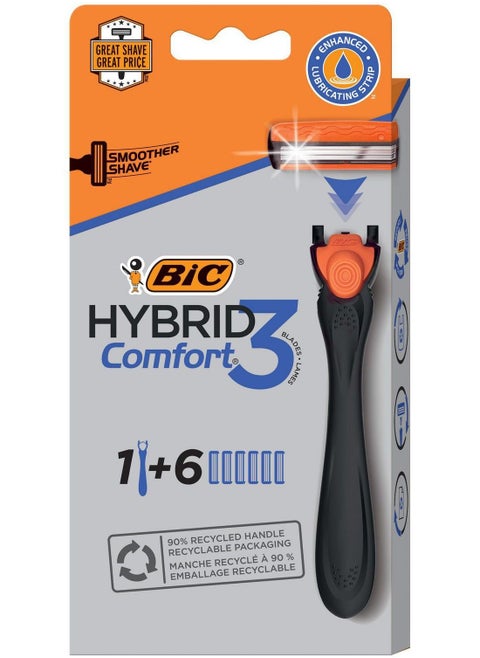 Comfort 3 Hybrid Disposable Men's Razor 3 Blade 1 Handle and 6 Cartridges