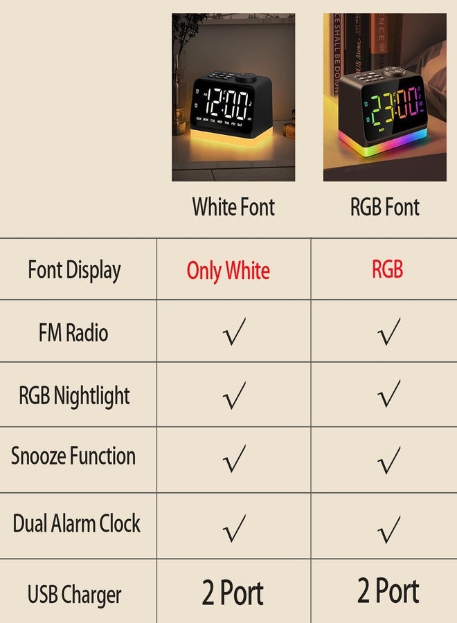 JALL Digital Alarm Clock with FM Radio for Bedroom, 8 Colors Night Light with Charging Port, Sleep Sound Machines with Timer, Dual Alarm (Black with RGB Font) - Image 2