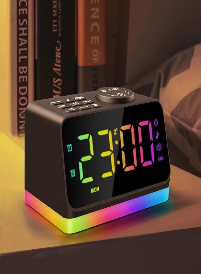 JALL Digital Alarm Clock with FM Radio for Bedroom, 8 Colors Night Light with Charging Port, Sleep Sound Machines with Timer, Dual Alarm (Black with RGB Font) - Image 1