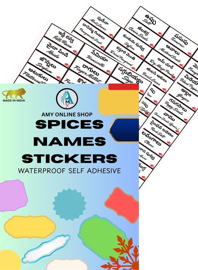 amy Telugu and English Kitchen Labels, 120 Spice Name Stickers in Telugu Script with English Subtitles - Image 1