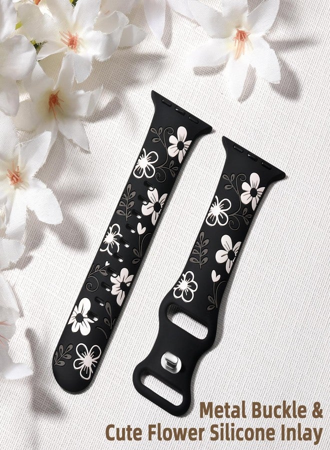 Witzon Floral Band Compatible with Apple Watch Bands For Women 40mm 41mm 38mm 42mm 44mm 45mm 46mm 49mm, Engraved Cute Flower Silicone Inlay Dressy Strap for iWatch Series 10 9 8 7 6 5 4 3 2 SE Ultra - Image 5