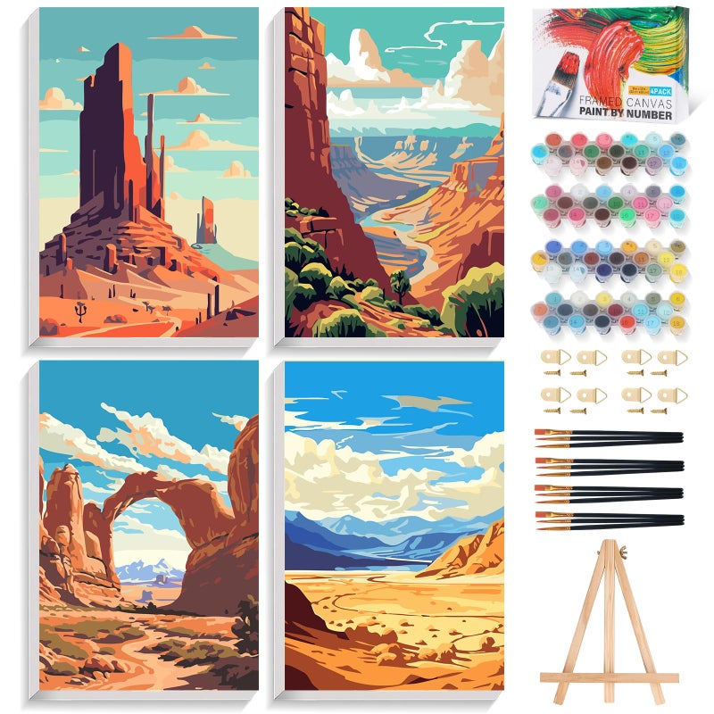 Offito 4 Pack Framed Paint by Numbers Kit for Adults Beginners with Wooden Easel, National Park Easy Number Painting Kit with Frame, Watercolor Adult Paint by Number Framed Canvas (8 * 12 Inch) - Image 1