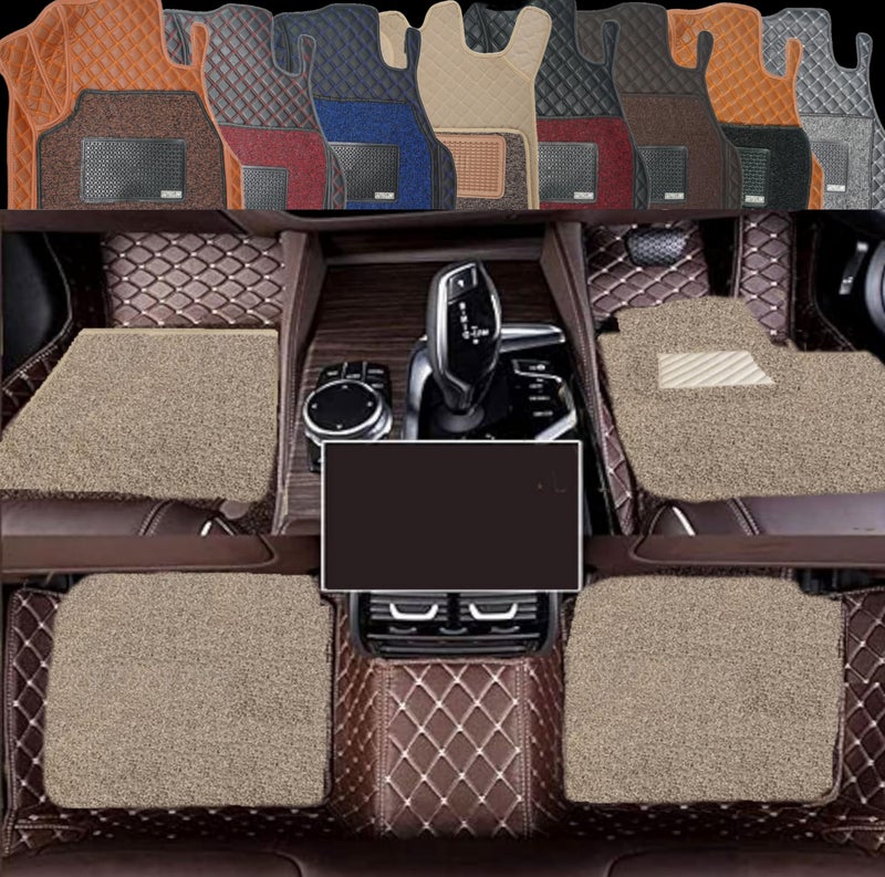 AutoClow Premium 7D Car Mat for Kia Sonet (Model : 2020-2026) || Luxury Leather Dual-Stitch Full Set 7D Car Floor Mat || Color : Coffee Stitch-Beige Grass (Design-1) - Image 1