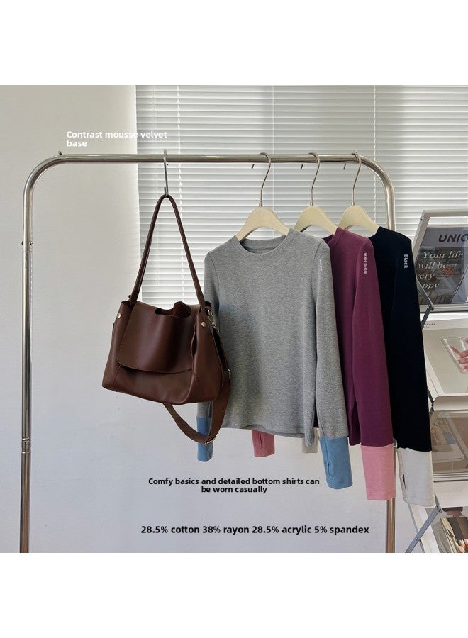 Autumn And Winter New Round Neck Inner T-Shirt Stitching Contrast Color Mu Si Velvet Thumb Buckle Base Shirt Korean Style All-match Top 