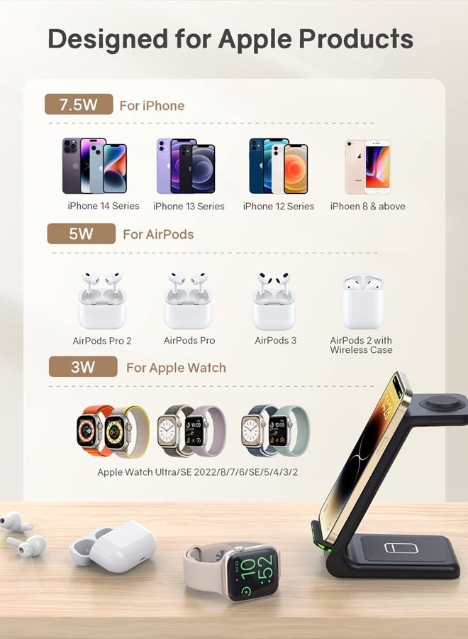 CIYOYO Wireless Charger Stand, CIYOYO 3 in 1 Fast Wireless Charging Station Dock for Apple Watch 8/7/6/SE/5/4/3/2, Airpods 3/2/Pro, iPhone 14/14 Plus/14 Pro Max/13/13 Pro/12/12 Pro/SE/X/XR/XS/8, Qi Phones - Image 2