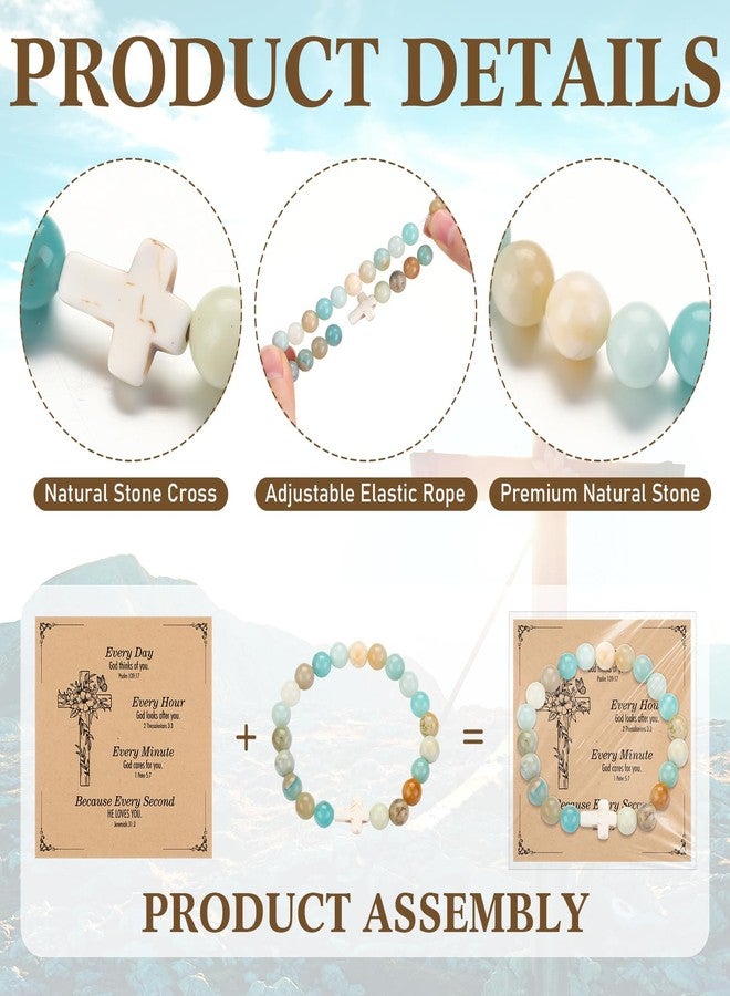 Highergo 12 Sets Christian Cross Beaded Bracelets Bulk for Women Natural Stone Religious Bracelet Church Easter Mothers Day Gift(Light Green) - Image 4