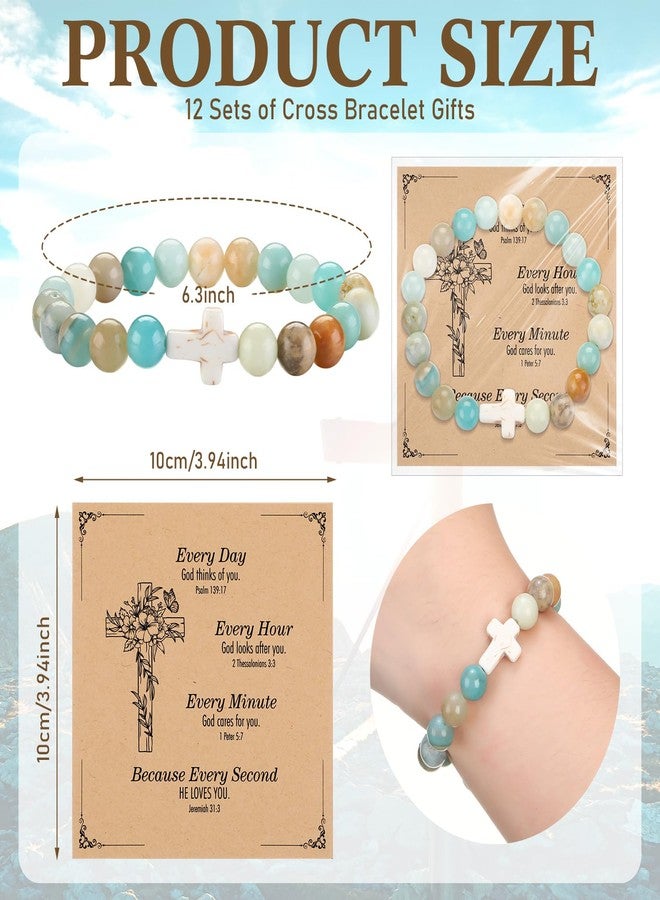 Highergo 12 Sets Christian Cross Beaded Bracelets Bulk for Women Natural Stone Religious Bracelet Church Easter Mothers Day Gift(Light Green) - Image 2