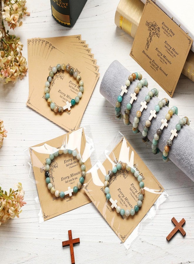 Highergo 12 Sets Christian Cross Beaded Bracelets Bulk for Women Natural Stone Religious Bracelet Church Easter Mothers Day Gift(Light Green) - Image 3