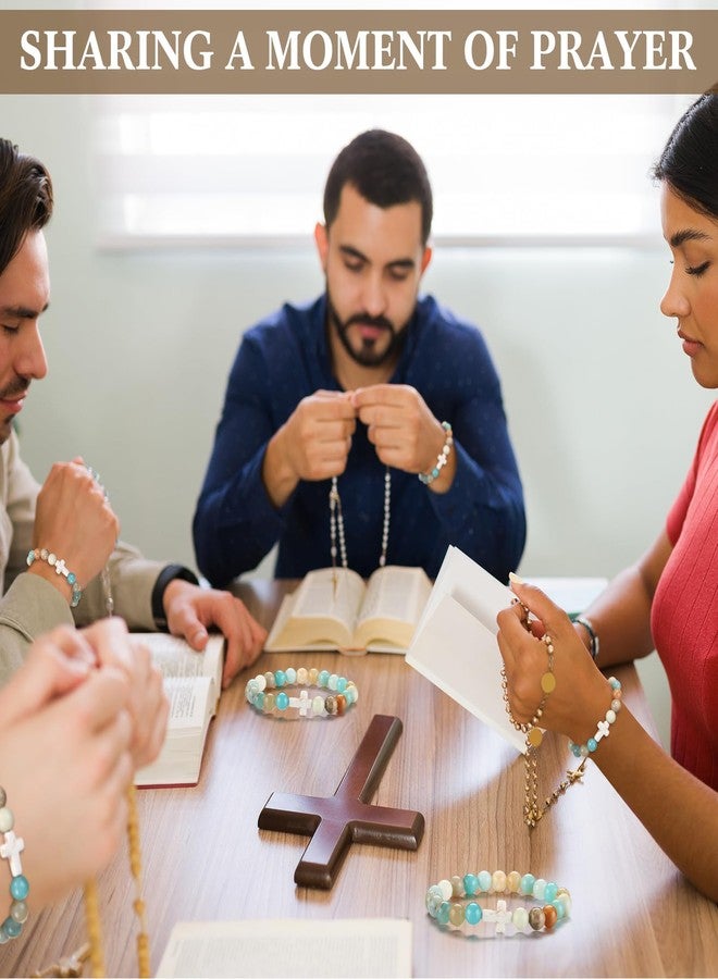 Highergo 12 Sets Christian Cross Beaded Bracelets Bulk for Women Natural Stone Religious Bracelet Church Easter Mothers Day Gift(Light Green) - Image 5