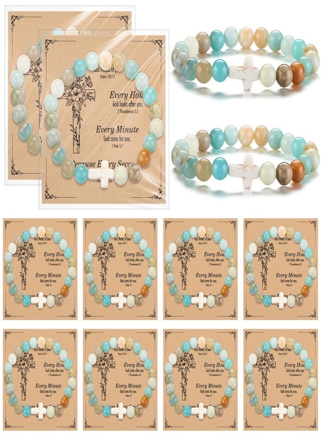 Highergo 12 Sets Christian Cross Beaded Bracelets Bulk for Women Natural Stone Religious Bracelet Church Easter Mothers Day Gift(Light Green) - Image 1