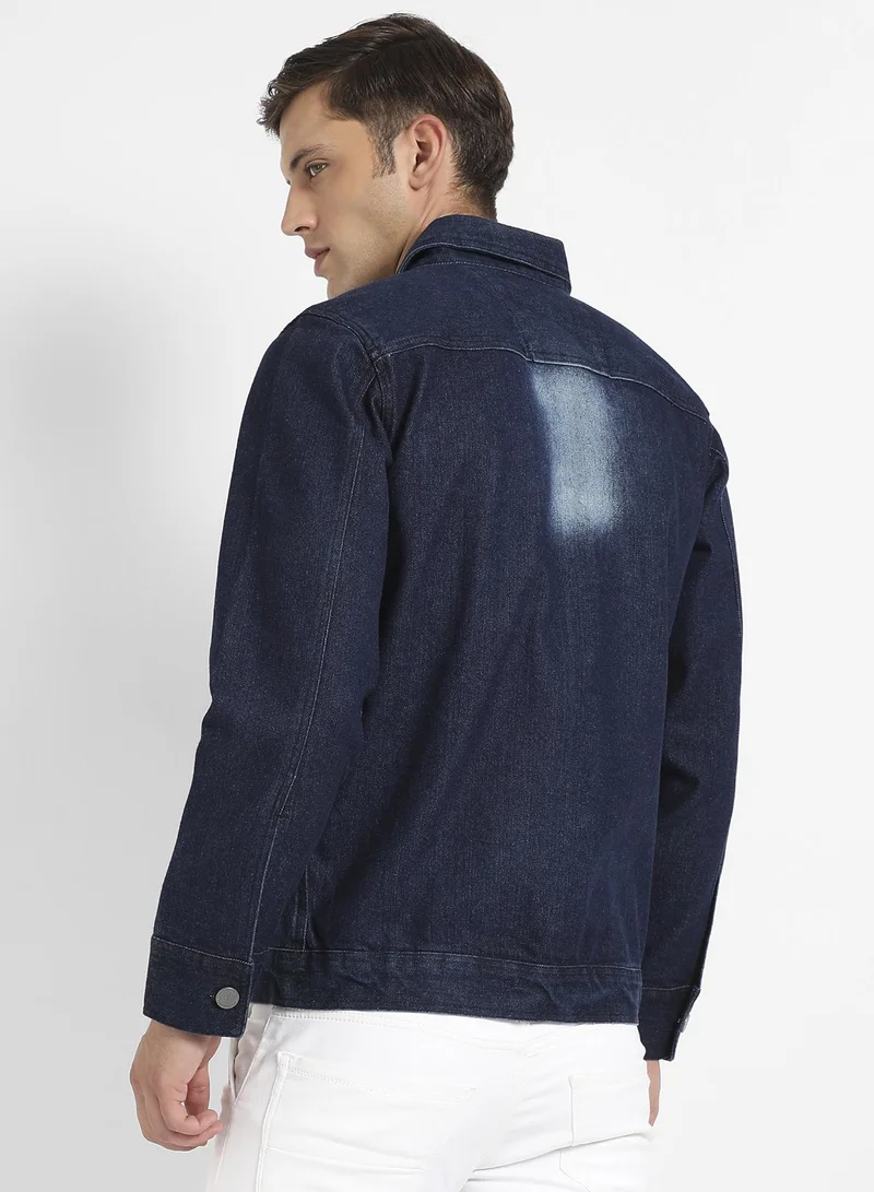 Campus Sutra Men's Navy Blue Dark-Wash Denim Jacket With Button-Closure