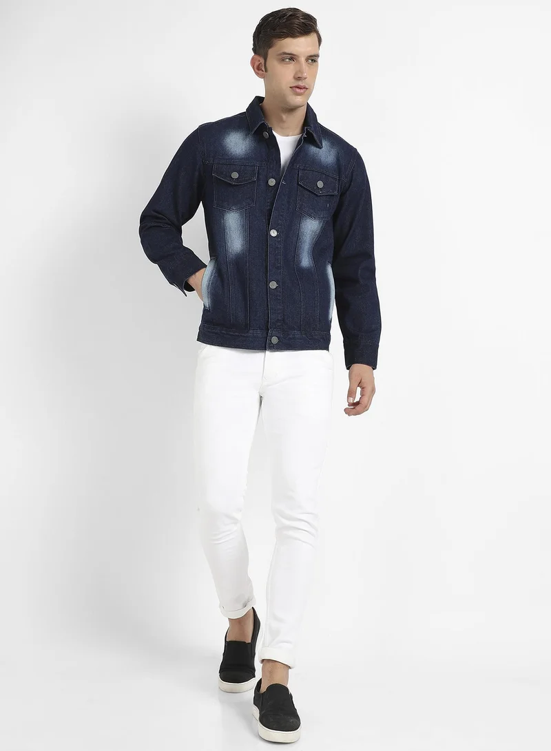 Campus Sutra Men's Navy Blue Dark-Wash Denim Jacket With Button-Closure