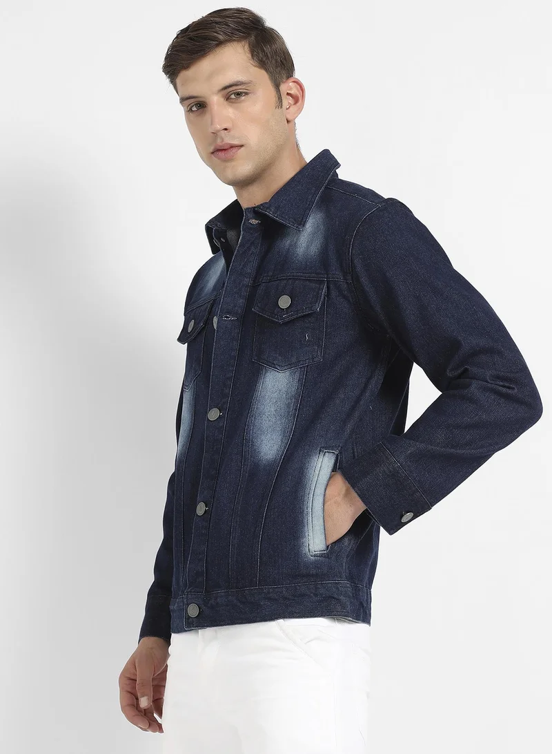 Campus Sutra Men's Navy Blue Dark-Wash Denim Jacket With Button-Closure