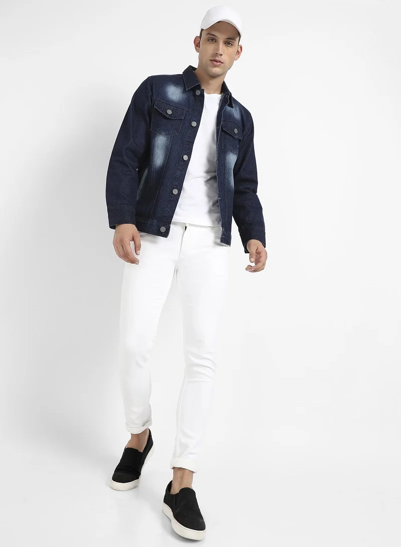 Campus Sutra Men's Navy Blue Dark-Wash Denim Jacket With Button-Closure