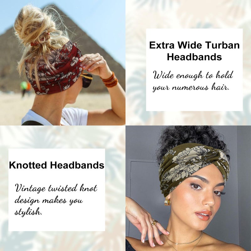 Tobeffect Floral Bandana Headbands for Women, 4 Packs Extra Wide Trendy Knotted Head Bands for Women's Hair, Boho Turban Hairbands Casual Sport Hair Accessories for Workout Yoga - Image 3