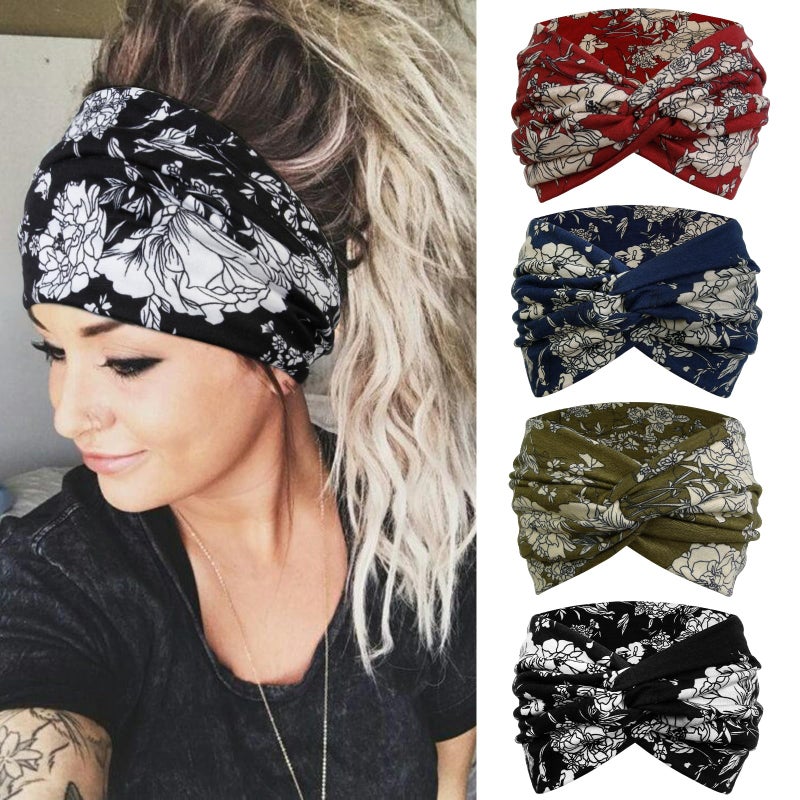 Tobeffect Floral Bandana Headbands for Women, 4 Packs Extra Wide Trendy Knotted Head Bands for Women's Hair, Boho Turban Hairbands Casual Sport Hair Accessories for Workout Yoga - Image 1
