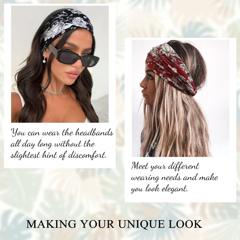 Tobeffect Floral Bandana Headbands for Women, 4 Packs Extra Wide Trendy Knotted Head Bands for Women's Hair, Boho Turban Hairbands Casual Sport Hair Accessories for Workout Yoga - Image 5