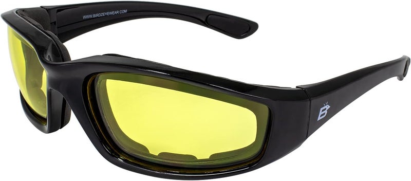 Birdz Eyewear Oriole Anti Fog Padded Motorcycle Riding Sunglasses Black Frame w/Yellow Lenses & Rubber Ear Locks - Image 1